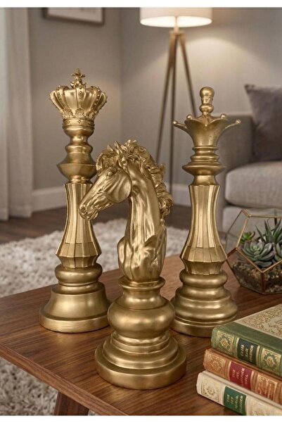 Mirsa Global Dekoratif Satranç Takımı Şah Vezir At Gold 3 Lü Biblo