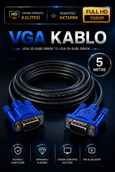 nelerbulurum Yüksek Kaliteli 5 Metre VGA Kablo 1.5 Metre Erkek Erkek Monitör ...