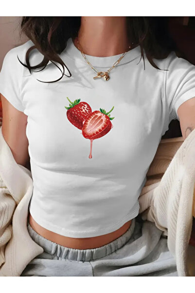 Ciel Lune Women's Crop Baby Tee Strawberry Printed Slim Fit 100% Cotton Y2K A...
