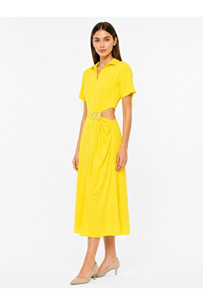 Shamouk Women's Yellow Midi Dress Stylish Shirt Collar Short Sleeve Side Wais...