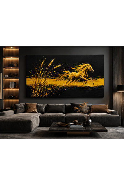 EvimeTablo Siyah Gold At Kanvas Tablo – Modern Lüks Dekoratif Duvar Tablosu Y...