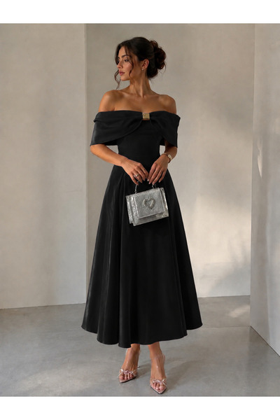 Selene Studıo Premium Carmen Yaka Siyah Midi Elbise