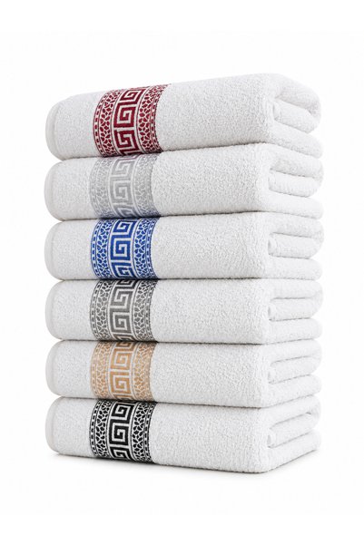 HAVLUSAN White Grek 6-Piece Hand and Face Towel Set 50X90 cm White Cotton Jacquard Patterned Towel