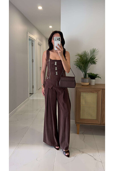 BİRCANÇİL Yogsy Brown Metal Detailed Blouse and Pants Set