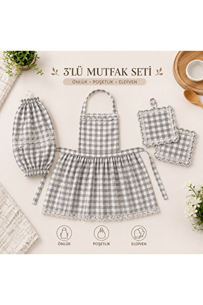 Ayşenur Çeyiz Duck Kumaş Önlük Seti 3lü Önlük - Poşetlik - Tutacak