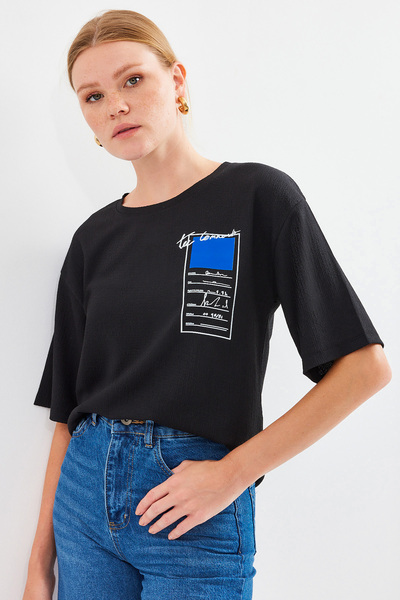 Modamorfo Tricou de bază tricotat cu imprimeu 911 - Negru