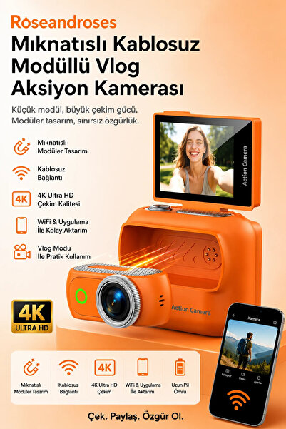 RoseandRoses Geniş Açılı Mıknatıslı Kablosuz Modüllü Vlog Aksiyon Kamerası 4K...