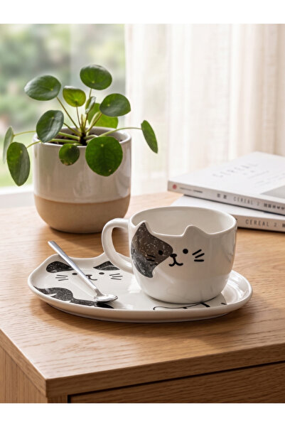 Bam Cat Design Ceramic Mug with Presentation Plate and Spoon