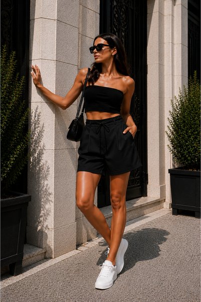 Winmoda34 Women's City-Style Casual Shorts 43 cm Full Length Trendy Model with Belt Gift