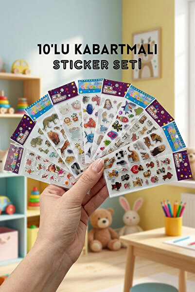 Bimotif 10lu Kabartmalı Yapışkan Sticker Seti, 13x7cm (Flamingo, Evcil ve Orm...