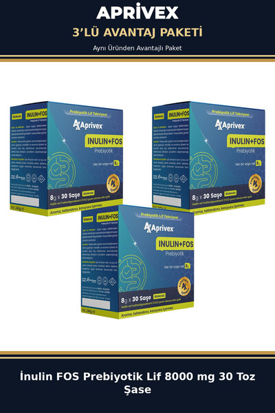 Aprivex Inulin Fos Prebiotic Fiber 8000 Mg 30 Powder Sachets 3-Pack Advantage...