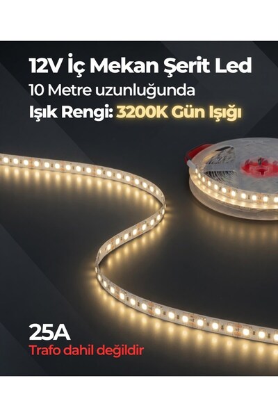 AC AYDINLATMA 12V İç Mekan Şerit Led 10 Metre 3200K Gün Işığı Kesilebilir LED...