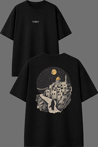 VSRN Long Road Design Front and Back Printed Black Oversize T-Shirt