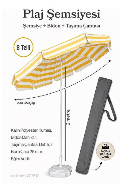 Düvenci Sarı Beyaz 200 Çap / 8 Telli Plaj Şemsiyesi + Bidon + Taşıma Çantası ...