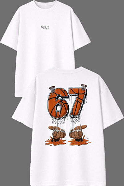VSRN 67 Basket Design Μπλουζάκι με στάμπα μπροστά και πίσω, λευκό, oversized