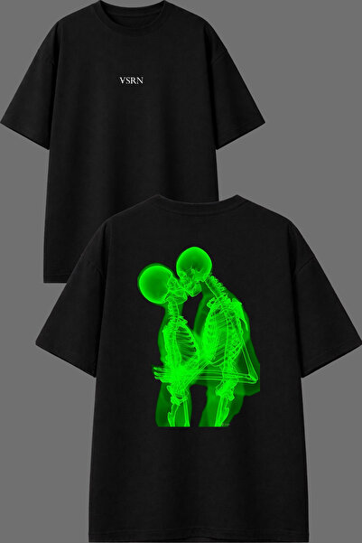 VSRN Green Valentine's Design Front and Back Printed Black Oversize T-Shirt