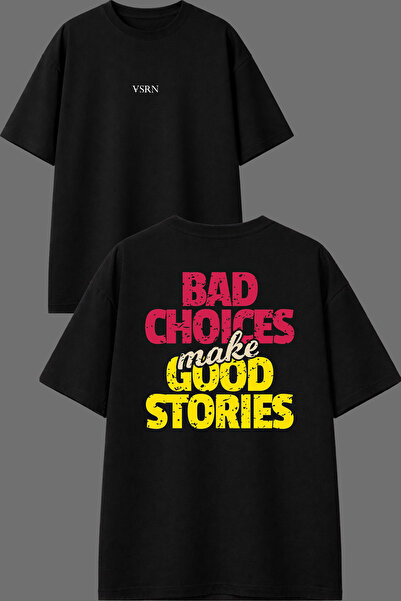 VSRN تي شيرت أسود كبير الحجم بتصميم Good Stories مطبوع من الأمام والخلف