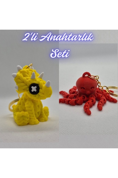 3DAtölyeMaker Yellow Knitted Pattern Triceratops and Pink Octopus Keychain