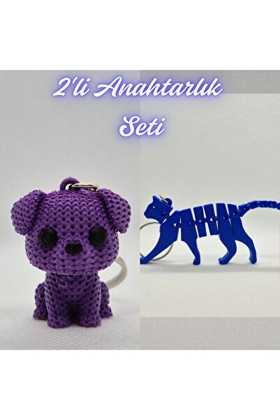 3DAtölyeMaker Purple Knitted Patterned Dog and Blue Flexible Cat Keychain