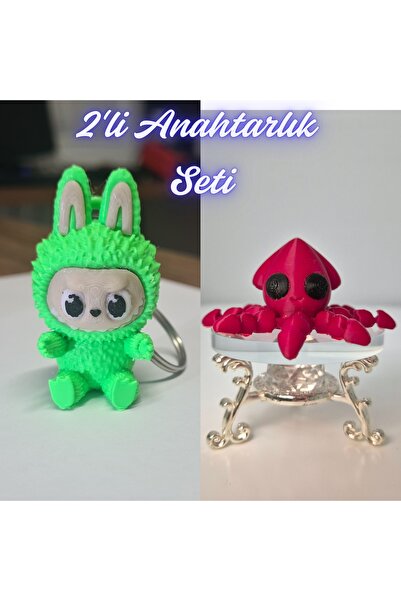 3DAtölyeMaker Green Labubu and Fire Red Squid Keychain