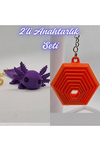 3DAtölyeMaker Purple Flexible Big Axolotl and Orange Moving Hexagon Keychain