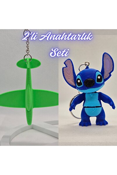 3DAtölyeMaker Green Airplane and Blue Flexible Stitch Keychain
