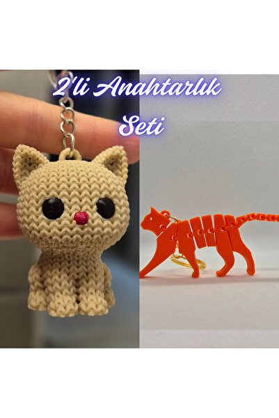 3DAtölyeMaker Cream Knitted Patterned Cat and Orange Flexible Cat Keychain