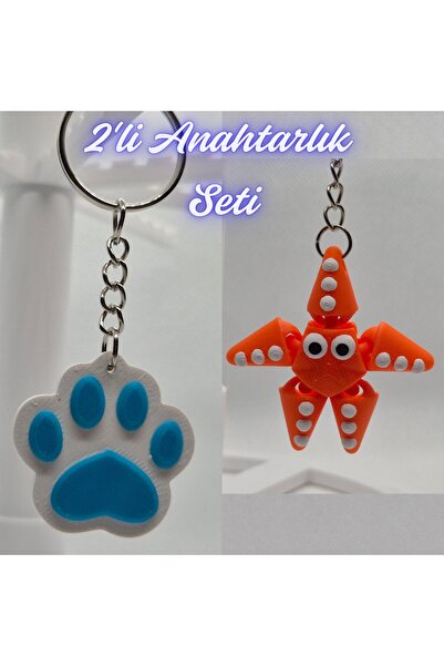 3DAtölyeMaker Light Blue Cat Paw and Orange Moving Starfish Keychain