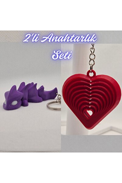 3DAtölyeMaker Purple Flexible Dragon and Fire Engine Red Moving Heart Keychain