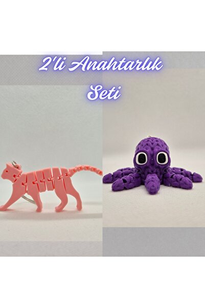 3DAtölyeMaker Light Pink Flexible Cat and Purple Knitted Pattern Octopus Keyc...