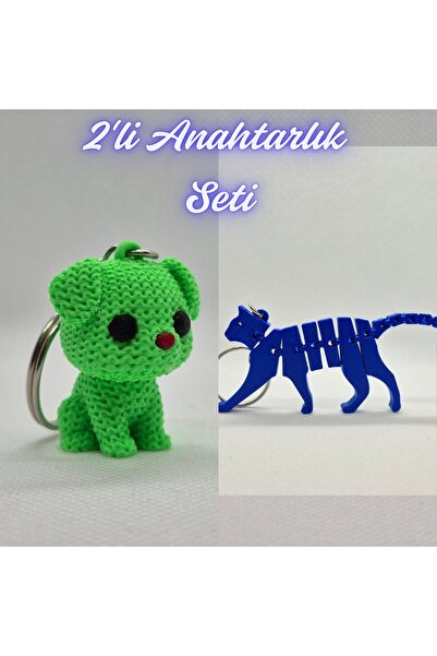 3DAtölyeMaker Light Green Knitted Patterned Dog and Blue Flexible Cat Keychain