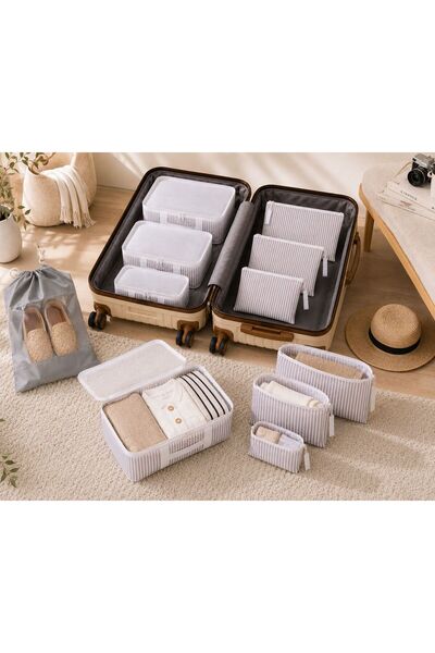 Pixue 7-Piece Suitcase Organizer Set, Striped Mesh Travel Organizer, 3 Different Size Bags, 3 Different Size Pouches, 1 Shoe Pouch, Striped Fabric with Zipper