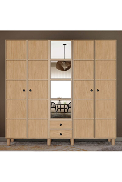 miracool Meşe 5 Kapaklı Gardrop / 5 Kapılı Dolap / Komple MDF / Modern Tasarım