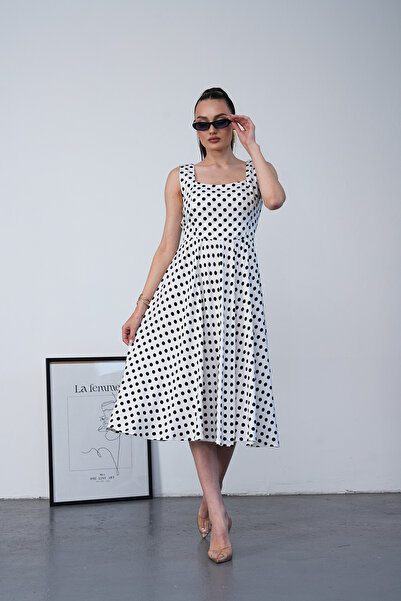 NAVY Strappy Square Neck Polka Dot Patterned Midi Dress