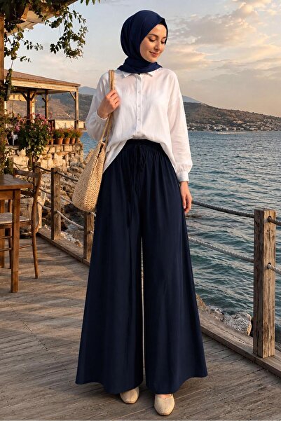 TRENDTESETTÜR KADIN LACİVERT DÖKÜMLÜ VİSKON PANTOLON T 1123