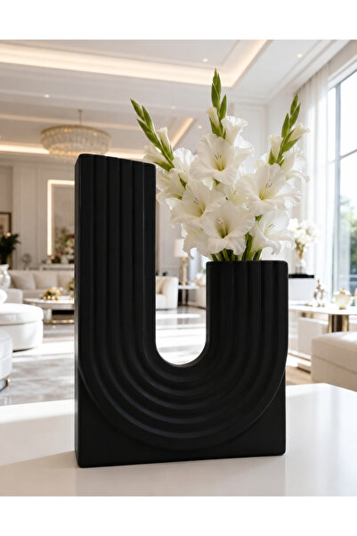Lui Tasarım Decorative Modern Ceramic Large Size Black U Vase 25 cm