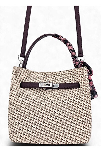 Evident Brown, Straw Look, Lock and Scarf Detail, Puppy-Style, Crossbody Stra...