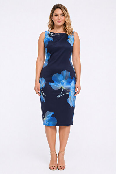 Şans Women's Plus Size Navy Blue Dress with Collar Detail and Stone Embellish...