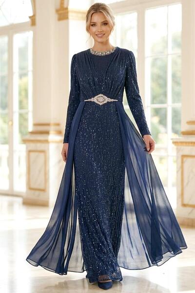 modest elegant dress Modest Long Sleeve Prom Dresses with Chiffon Train Beaded Lace Formal Dress 22096 Grey / US16 main image 1