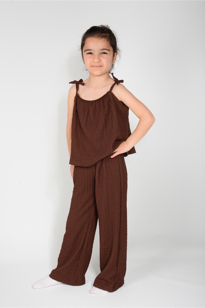 KİDSPİTİRCİK Girls' Brown Rope Straps, Ruffled Fabric, Soft, Loose Set