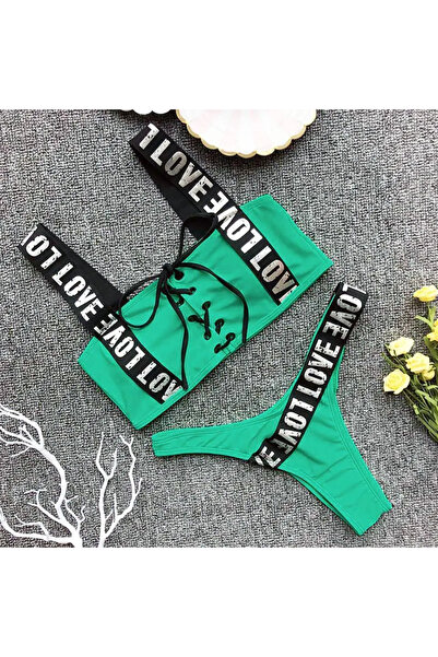 Plaja biz Costum de baie cu slip brazilian, sutien cu buretei detasabili si benzi elastice Love Verde