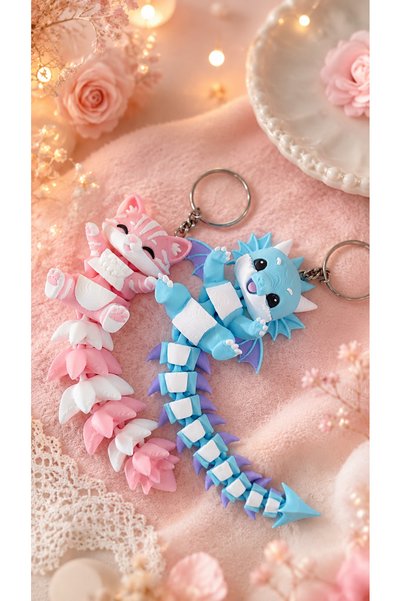 senayartstudio Double Figure Keychain Bag Ornament Pastel Cat Dragon Toy Accessory