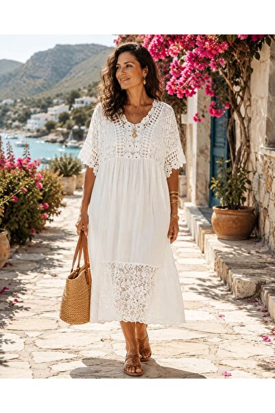 Punta Otantik Msr9574 Italian Lace Half Sleeve Viscose Dress White