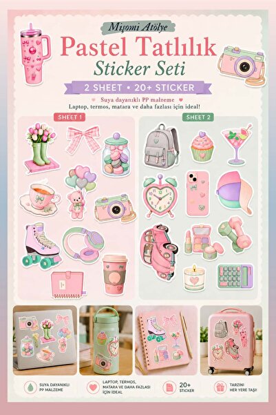 Mişomi Atölye Pastel Tatlılık Sticker Seti| Suya Dayanıklı| Telefon, Laptop, ...