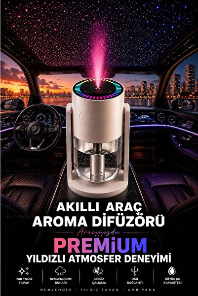 Zineets Araç İçi Hava Nemlendirici ve Difüzör– Aromaterapi, Yıldız Tavan Yans...
