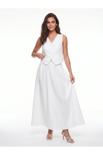 ONLOOX White Rayon Blended Fabric V-Neck Flared Cut Pocket Detailed Vest and ...