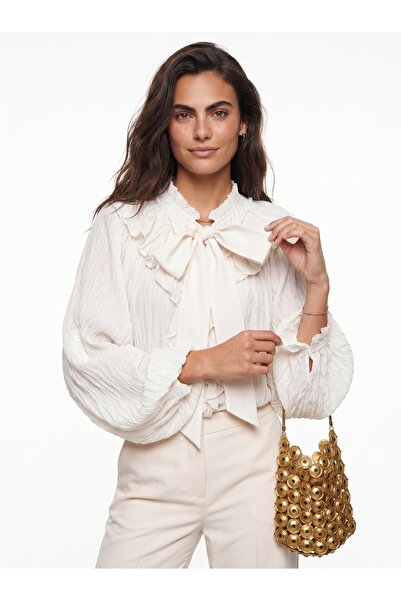 ONLOOX Cream Crinkle Textured Collar Tie-Up Long Sleeve Flowy Form Shirt with...