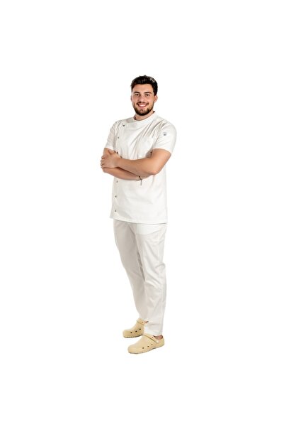 RUNI White tunic-type chef uniform, short sleeves, Stretch Fabric