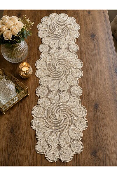 Lena Maison Altın Simli Krem Dantel Runner/Masa-Konsol Örtüsü 35x105 cm
