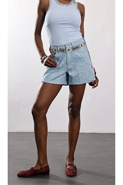Butik Taş İşlemeli Denim Şort (%100 Pamuk)